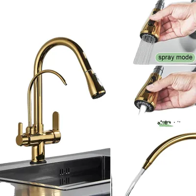 Obrázok produktu pre Starožitná kuchynská batéria, výsuvný dizajn, dvojitá rukoväť, zlatá farba