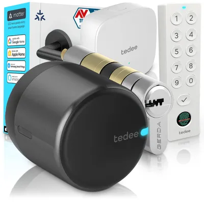 Obrázek produktu pro Tedee GO2 Alu s Bridge, Keypad PRO a vložkou Gerda EXXO Smart – Chytrý zámek, WiFi, otisk prstu, bezpečnostní třída 6, bezklíčový vstup, Matter