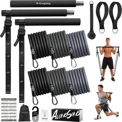 Produktbild von Pilates-Stangen-Set mit 6 latexbasierten Widerstandsbändern, 3-teilig und tragbar für das Training zu Hause