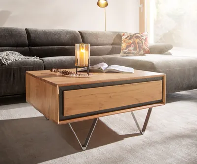 Produktbild von DELIFE Couchtisch Stonegrace 80x60 cm Akazie Natur 2 Schubladen Steinfurnier