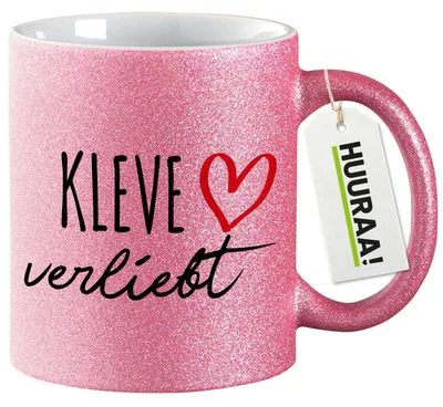 Produktbild von Huuraa Glitzertasse Kleve verliebt 330ml Pink Keramik Kaffeebecher Geschenkidee