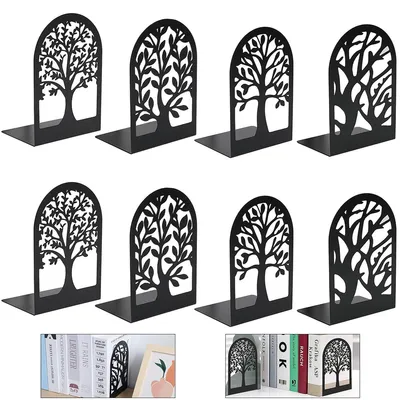 Produktbild von Buchstützen, 4 Paare Bücherhalter mit Baummuster, Metall Schwarz Buchstütze, Rutschfeste, abgerundete Kanten, für Schule Zuhause Büro, 17,5x12x8,5cm