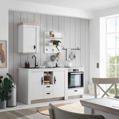 Produktbild von Küchen Set 4-teilig in Pinie weiß Nb. mit Absetzungen in Pinie dunkel Nb., im Landhaus Stil - FERNA-61