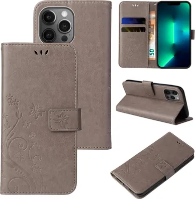 Produktbild von Handyhülle für Apple iPhone 13 Pro Floral Blumen Schmetterling Flip Cover Hülle Case Klapphülle Handytasche Farbe: Grau