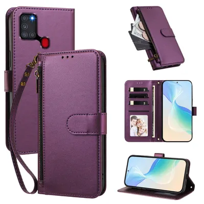Image de Étui portefeuille pour Samsung Galaxy A21S, en cuir PU, avec compartiments pour cartes, support et dragonne, couleur violet