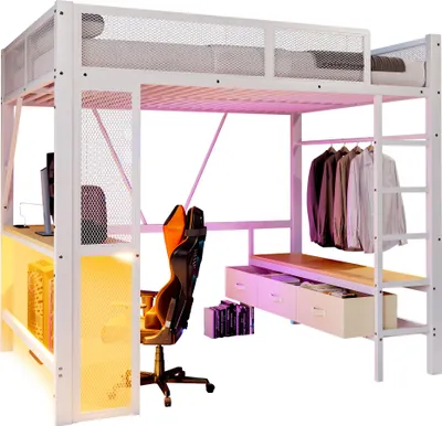 Produktbild von Merax Etagenbett Hochbett 140x200 cm mit LED, USB, Schreibtisch, offenem Kleiderschrank, 3 Wäscheschubladen, Kinderbett, Jugendbett, Eisenbett, Weiß