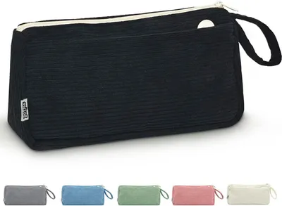 Productafbeelding van Pennendoos Corduroy - Etui Potlood - School Kantoor - Dubbele Rits - 22.5 x 11 cm - Zwart