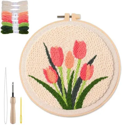 Produktbild von Stickset für Anfänger - Tulpen-Stickset - Bambus-Stickrahmen - Sticksets - DIY - Komplettes Set für Erwachsene - Zählvorlage zum selbstständigen Sticken - Hobby und Kreativität - Blumen und Pflanzen - Stressabbau - Gestickte Arbeiten