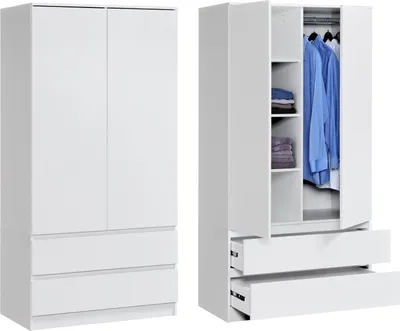 Image de armoire blanche 2 portes avec étagères, tringle à vêtements et tiroirs pour chambre à coucher, chambre d'enfant, entrée, 90x51x182 cm (LxlxH)