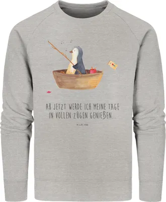 Produktbild von Mr. & Mrs. Panda Organic Pullover Pinguin Angelboot Größe L - Heather Grey - Geschenk, Optimistisch, Boot, Motivation, Sweater, Pulli, Baumwoll, Sweatshirt, Angeln
