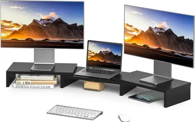 Zdjęcie produktu dla Stojak na monitor Podwyższenie ekranu Drewno Podwójna podstawa Stojak na laptopa Obrotowy Czarny