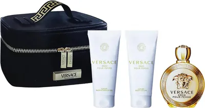 A Versace EROS FOR WOMEN CASE 4 Stück gift set including a black cosmetic bag, two tubes of body lotion/shower gel, and a perfume bottle.