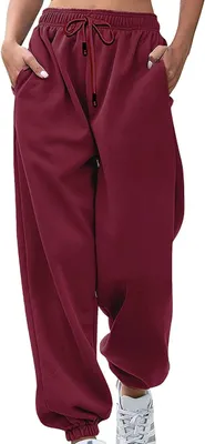 Produktbild von Damen Freizeit-Sweathose mit Kordelzug, Weite Jogginghose, Weiche Bequeme Hosen mit Taschen und elastischen Bündchen, Rotwein, M