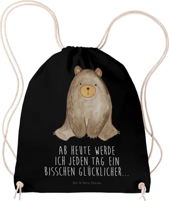 Produktbild von Mr. & Mrs. Panda Jutebeutel Bär sitzend - Schwarz - Geschenk, sporttasche klein, Beutel Rucksack, Teddy, gymnastiktasche, Turnbeutel, wander
