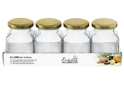 Image de Verre carré TO53 4x200ml Tray, avec couvercle à visser, transparent/doré, 4 pièces (1 set)
