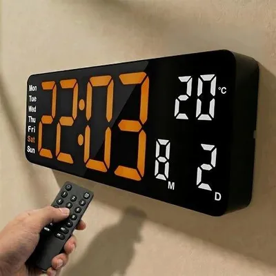 Zdjęcie produktu dla Zegar ścienny cyfrowy LED 32 cm pomarańczowy z pilotem temperatura alarm