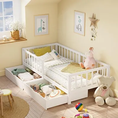 Produktbild von Kinderbett 100x200 cm, mit Schublade, umlaufender Rausfallschutz mit Lattenrost, für Jungen und Mädchen, Leichte Montage, Weiß