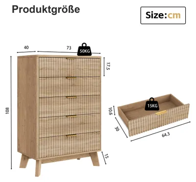 Produktbild von Kommode - Moderne Schubladenkommode - 5 Schubladen - Holz - Kippschutz - 108 × 73 × 40 cm - Burlywood