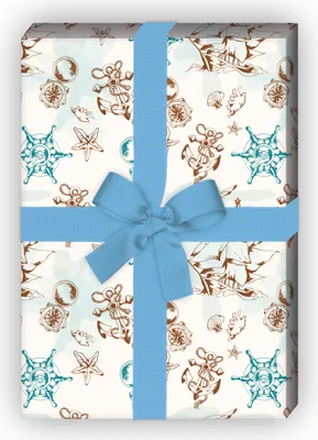 Produktbild von Nautisches Geschenkpapier mit Segelboot, Kompass und Anker, braun,  - G8654, 32 x 48cm