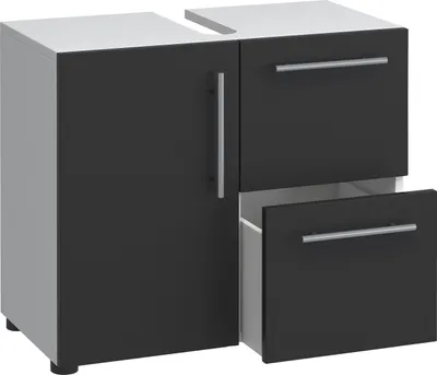 A 3D rendering of a bathroom cabinet with a door and drawers.