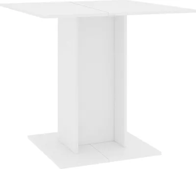 A white dining table with a pedestal base, shown from a front-side angle against a white background.