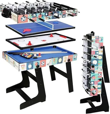 Imagen del producto de Silecomplaza: Mesa de futbolín plegable 4 en 1. Mesa de juegos multifuncional que incluye futbolín, billar, hockey de aire y tenis de mesa, con accesorios. Ideal como regalo para niños.