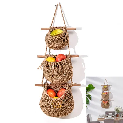 Produktbild von Hängender Obstkorb für Küche, 3-stöckig, Wandmontage, Hängende Tasche, Hängender Organizer für Obst, Gemüse und mehr