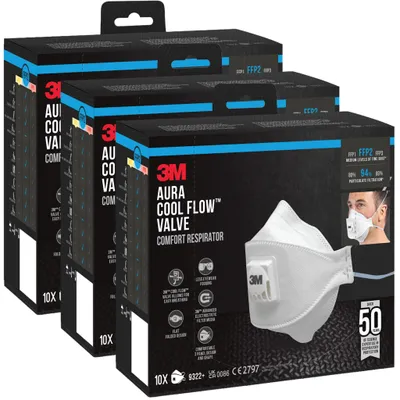 Produktbild von 3M™ Aura™ Comfort Cool Flow™ Partikelmaske 9322+ FFP2 mit Ventil - 3 x 10er Pack