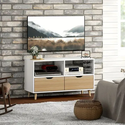 Zdjęcie produktu dla Szafka RTV - Komoda pod telewizor - Stojak na telewizor - Szafka na telewizor - Komoda multimedialna - Szerokość: 99 cm - Z 2 otwartymi półkami i 2 szufladami
