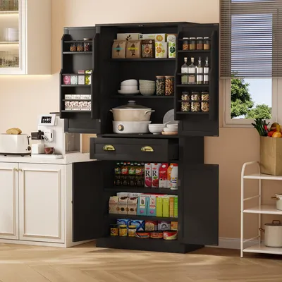 Image de Buffet haut à 4 portes et 1 tiroir, commode, armoire de rangement, buffet pour la cuisine et le salon, noir, 80 x 40 x 182 cm, MDF
