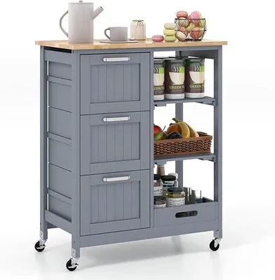 Imagen del producto de Carrito de cocina con bandeja, estantes y 3 cajones grandes, armario de cocina con ruedas, isla de cocina de madera de caucho, carro de servicio de 67 x 37 x 83,5 cm (gris)