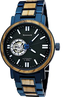 Produktbild von Holzwerk COBURG Herren Edelstahl & Holz Automatik Uhr in Blau Braun Schwarz Weiß