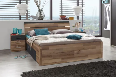 Produktbild von Bettanlage Jugendbett Bettgestell Ehebett Bettrahmen Doppelbett Bett "Isobel I" Montana Oak/Graphit