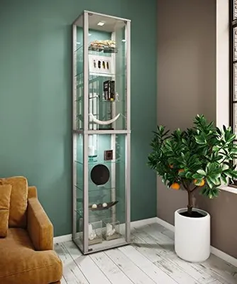 Produktbild von Glasvitrine stehend | Vitrine Glas mit ESG-Sicherheitsglas | Maße ca. H. 227 x B. 50 x T. 38 cm | Standvitrine Glas | Modern und platzsparend | Glas Vitrinenschrank – Kavisa XL Silber