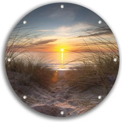 Produktbild von Wallario rundes Outdoor-Poster für Garten oder Balkon, Motiv Sonnenuntergang am Strand, 30 cm Durchmesser