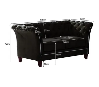 Produktbild von S-STYLE MÖBEL - Zephyr - Chesterfield Sofa 2-Sitzer aus Schwarz Samt mit Holzfüßen, B/T/H: 175 cm/ 82 cm/ 75 cm