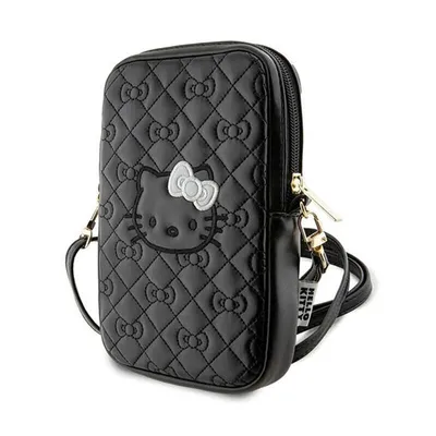 A black Hello Kitty crossbody bag with a quilted bow pattern and a Hello Kitty face.