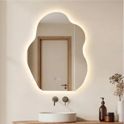 Immagine prodotto di Specchio da bagno COSTWAY, specchio da bagno extraterrestre con illuminazione, 3 colori della luce, regolazione continua dell'intensità luminosa, funzione di memoria, antiappannamento, specchio da parete