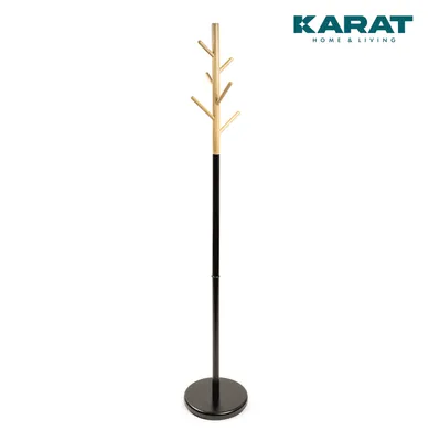 A coat rack with a round base and a black pole with wooden branches for hanging clothes.