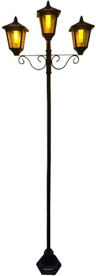 A black solar-powered street lamp with three orange flame-effect lights.