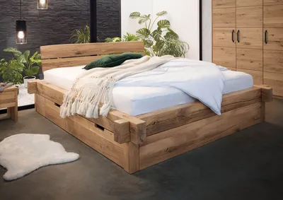 Produktbild von MASSIVMOEBEL24 Balkenbett mit Bettkasten Wildeiche 180x200 bianco geölt JANGALI #201