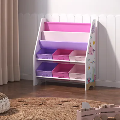 Produktbild von Kinderregal ‘Ponteceso’ mit 2 Ablagefächern und 6 Faltboxen Ozean-Motiv 74 x 62 x 26,5 cm