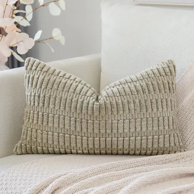 Produktbild von Set mit 1 Kissenbezug im Boho-Streifenmuster, einfarbiger Dekokissenbezug, Sofakissen, 30 x 50 cm, weiches Sofakissen für Wohnzimmer und Schlafzimmer, Khaki