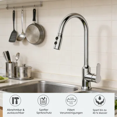Produktbild von AICA Küchenarmatur mit Ausziehbarer Brause Hochdruck Spültischarmatur Wasserhahn 2 Strahlarten 360° Drehbar Zink Messing KTW