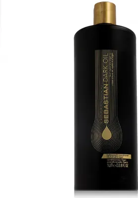 A black bottle of Sebastian Professional Dark Oil Lightweight Conditioner with a gold cap and gold lettering on the label.