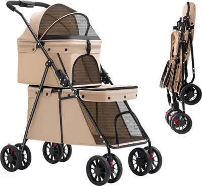 Produktbild von 2 Etagen Hundewagen klappbar Haustierwagen für Hunde Katzen Hundebuggy Khaki