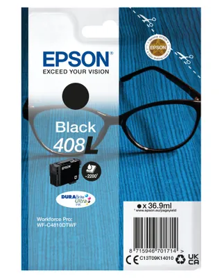 Obrázek produktu pro Epson Balíček s jedním inkoustem 408L Brýle DURABrite Ultra Black, Standardní výtěžnost, Černá, Inkoust na pigmentové bázi, 36,9 ml, 1 kusů, Balení po jednom