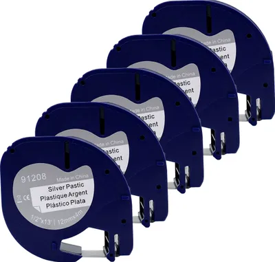 Produktbild von DULA Etikettenband - Kompatibel mit Dymo LetraTag 91208 / S0721730 - 5 Stück - Schwarz auf silbernem Kunststoff - 12mm x 4m