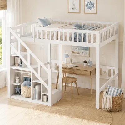 Image de Lit superposé 90x200 avec escalier et espace de rangement, couleur blanche