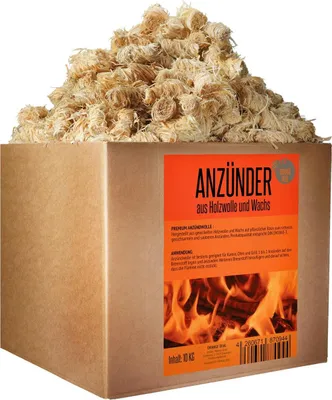A cardboard box filled with fire starters, with a label showing flames.